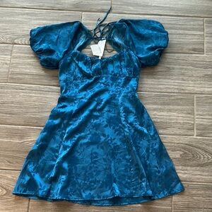New with Tag All in Favor Short Blue Teal Dress with Floral Design Puff Sleeve